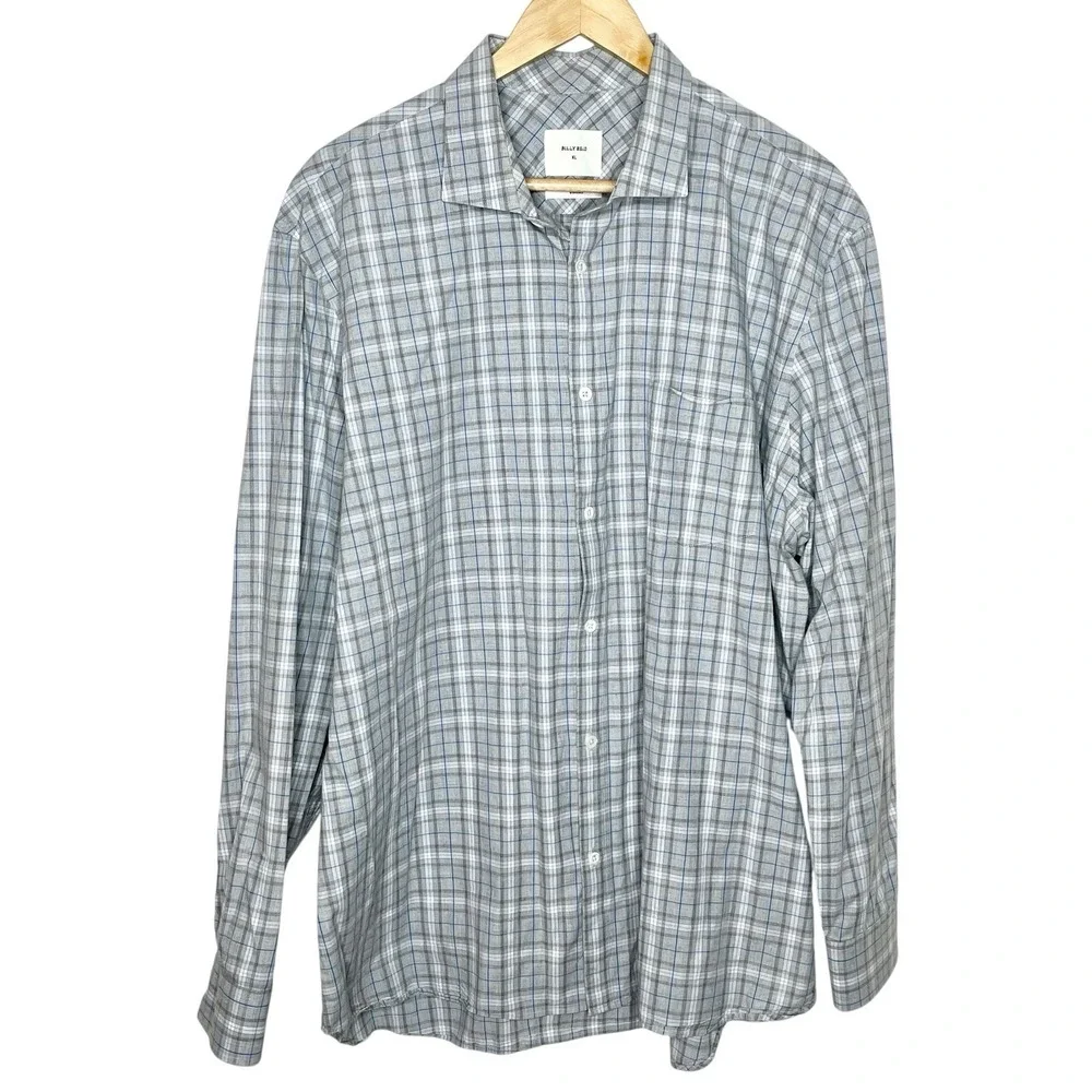Billy Reid Standard Fit Plaid Button Up Shirt Gray Blue Mens Size XL Cotton